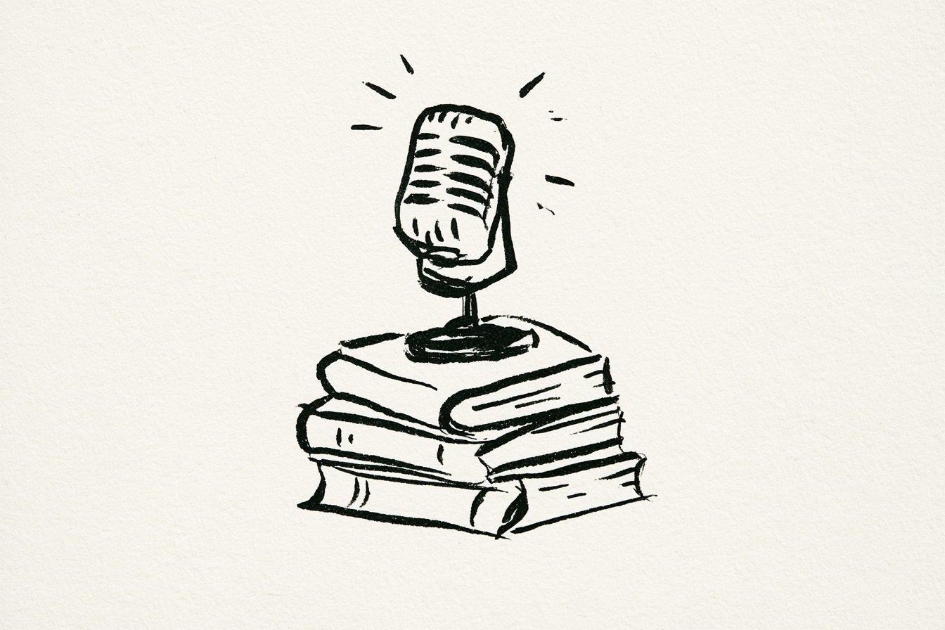 Hand-drawn podcast microphone with headphones