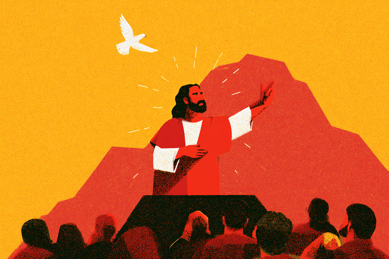 Jesus teaching a crowd on a hillside