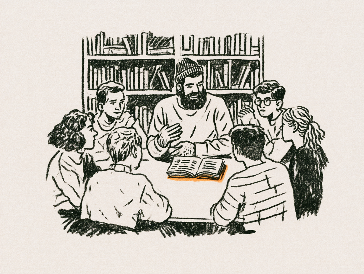 A teacher and young adults gathered around an open Bible