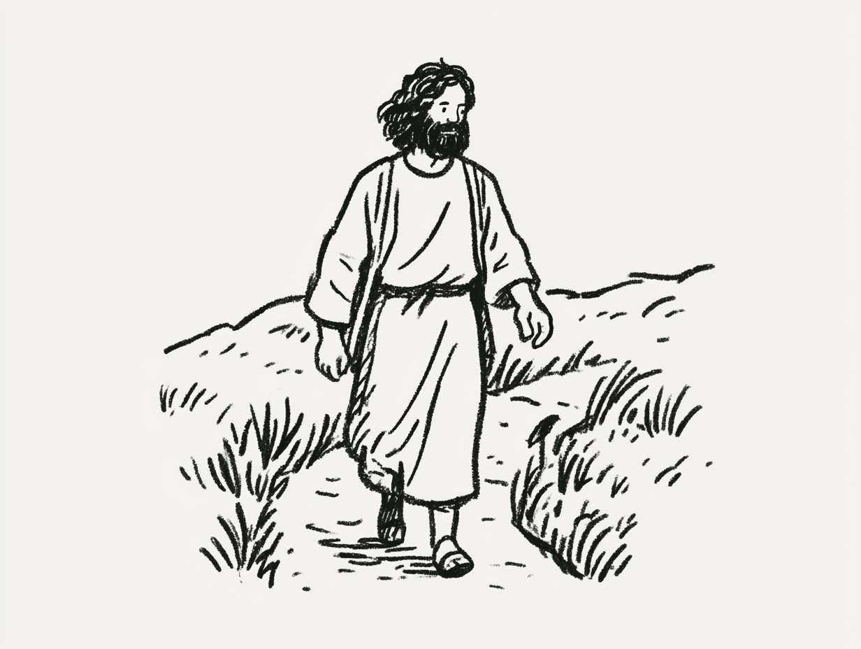 Hand-drawn Jesus walking a narrow path with a small group following behind