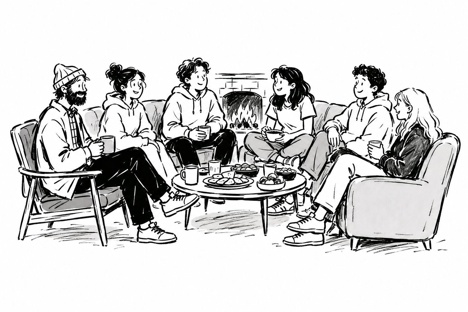 Hand-drawn illustration of young adults sharing food around a long table