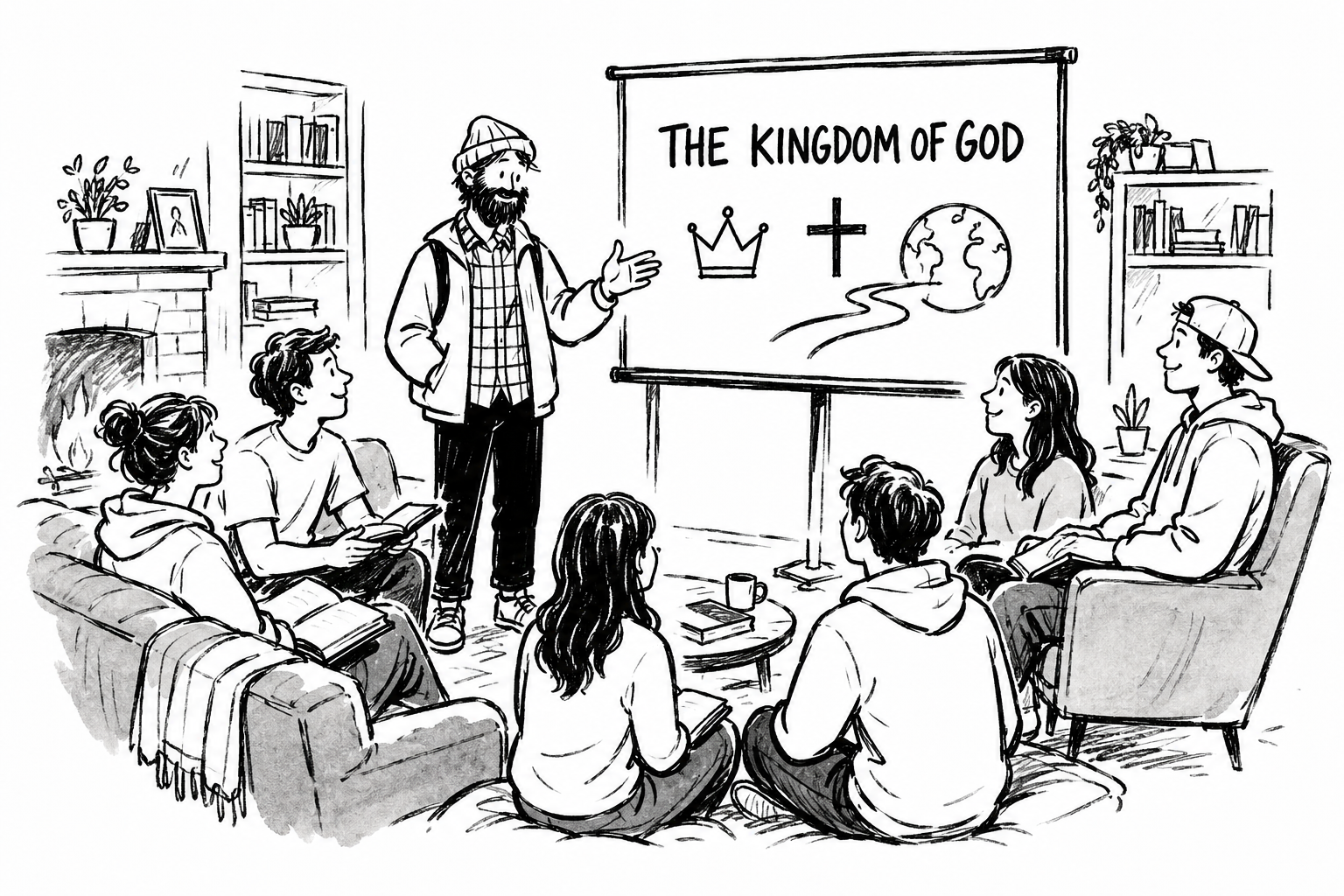 Hand-drawn illustration of a teacher and students with hands raised