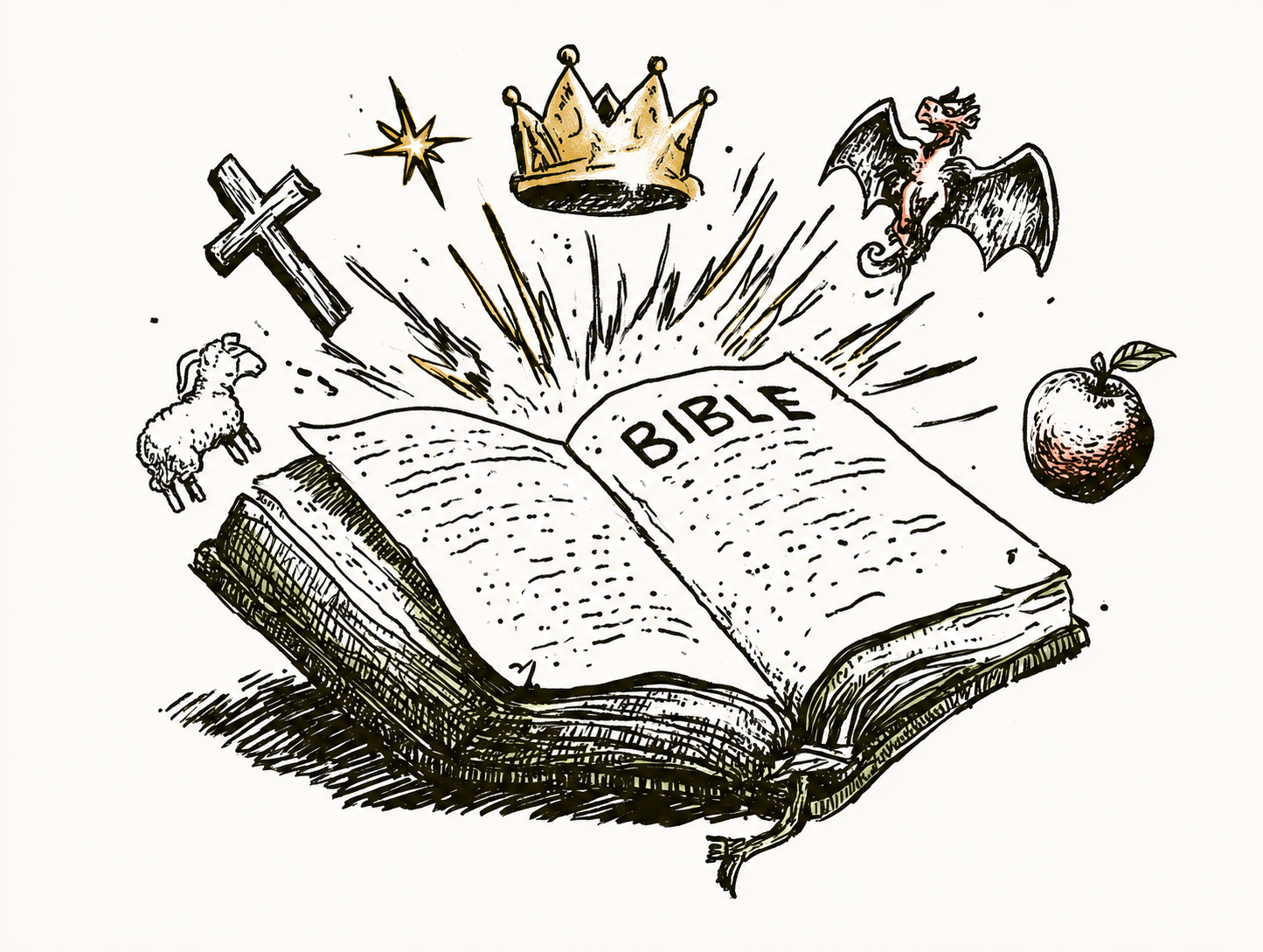 An open Bible surrounded by biblical symbols