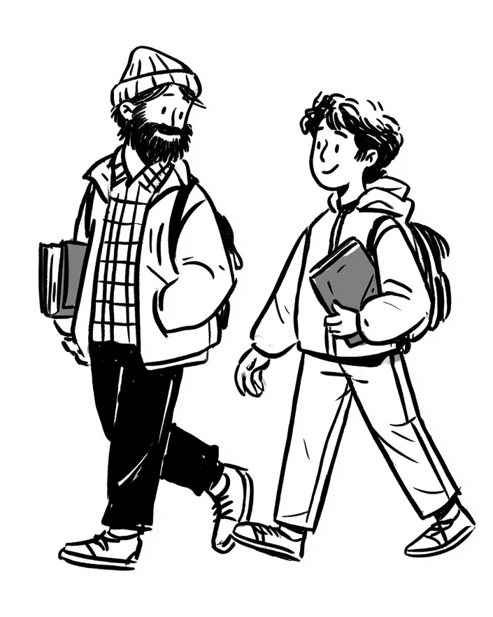 A mentor and student walking and talking together