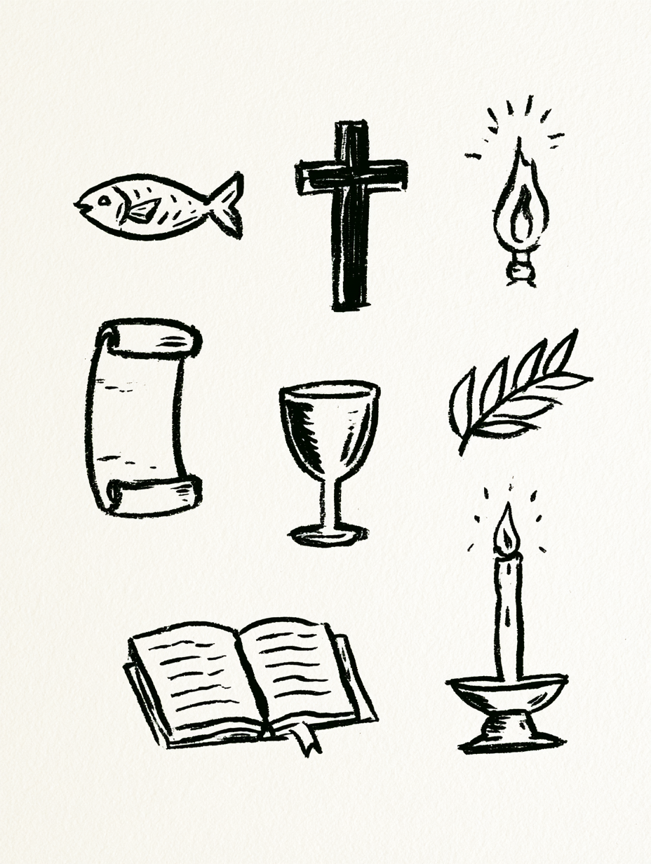 Hand drawn ancient Christian symbols: cross, fish, Chi-Rho, oil lamp, scroll, olive branch, and chalice