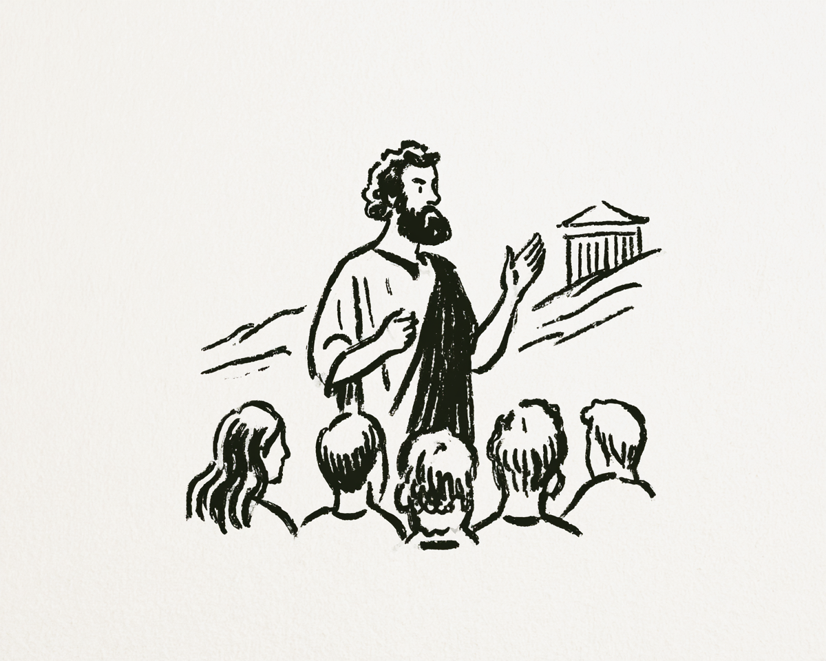 Hand drawn illustration of an ancient philosopher teaching seekers on stone steps