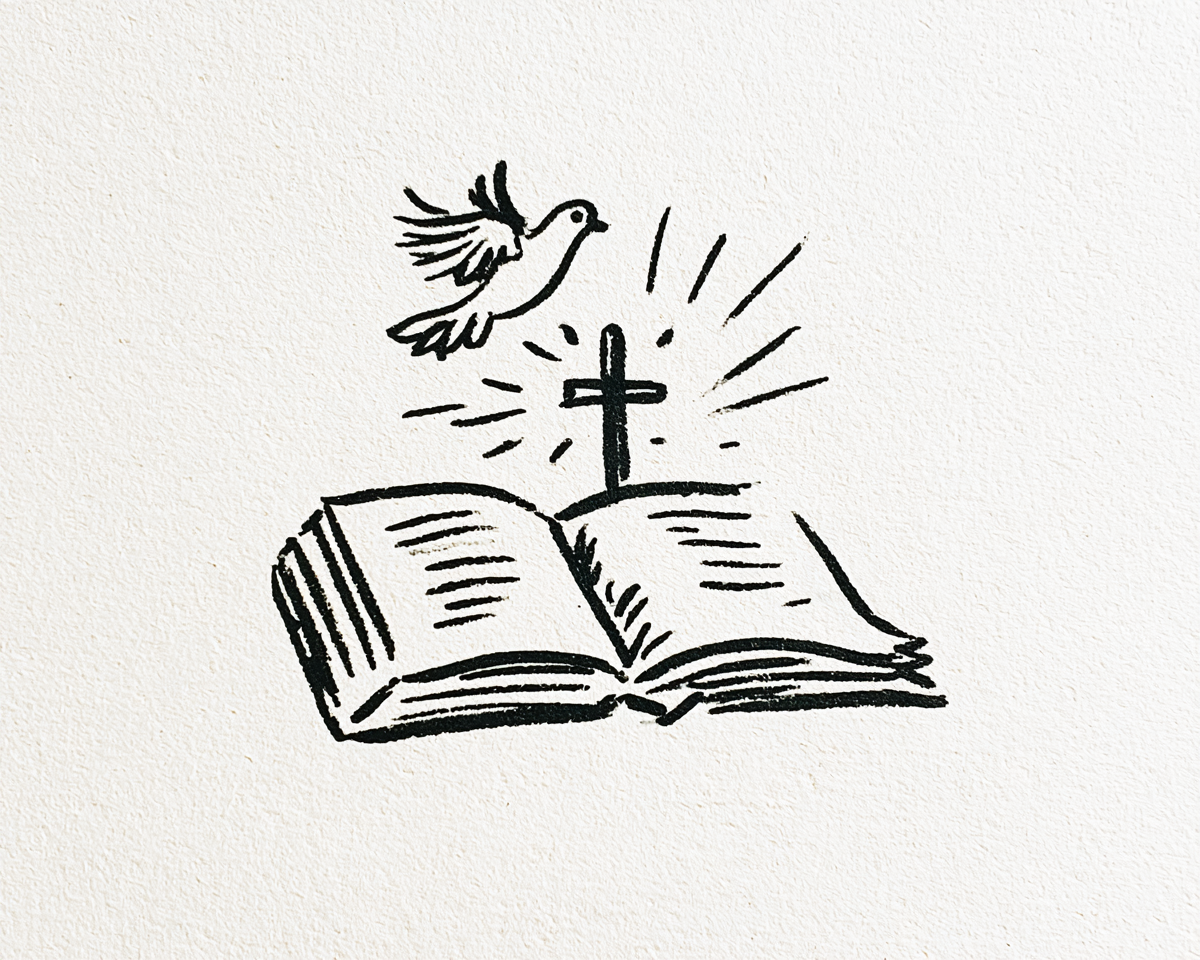 Hand drawn illustration of an open ancient creed scroll with a cross and candle