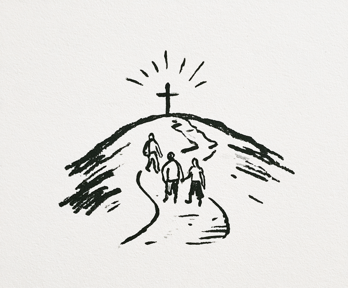 Hand drawn illustration of a mentor and students gathered in a circle
