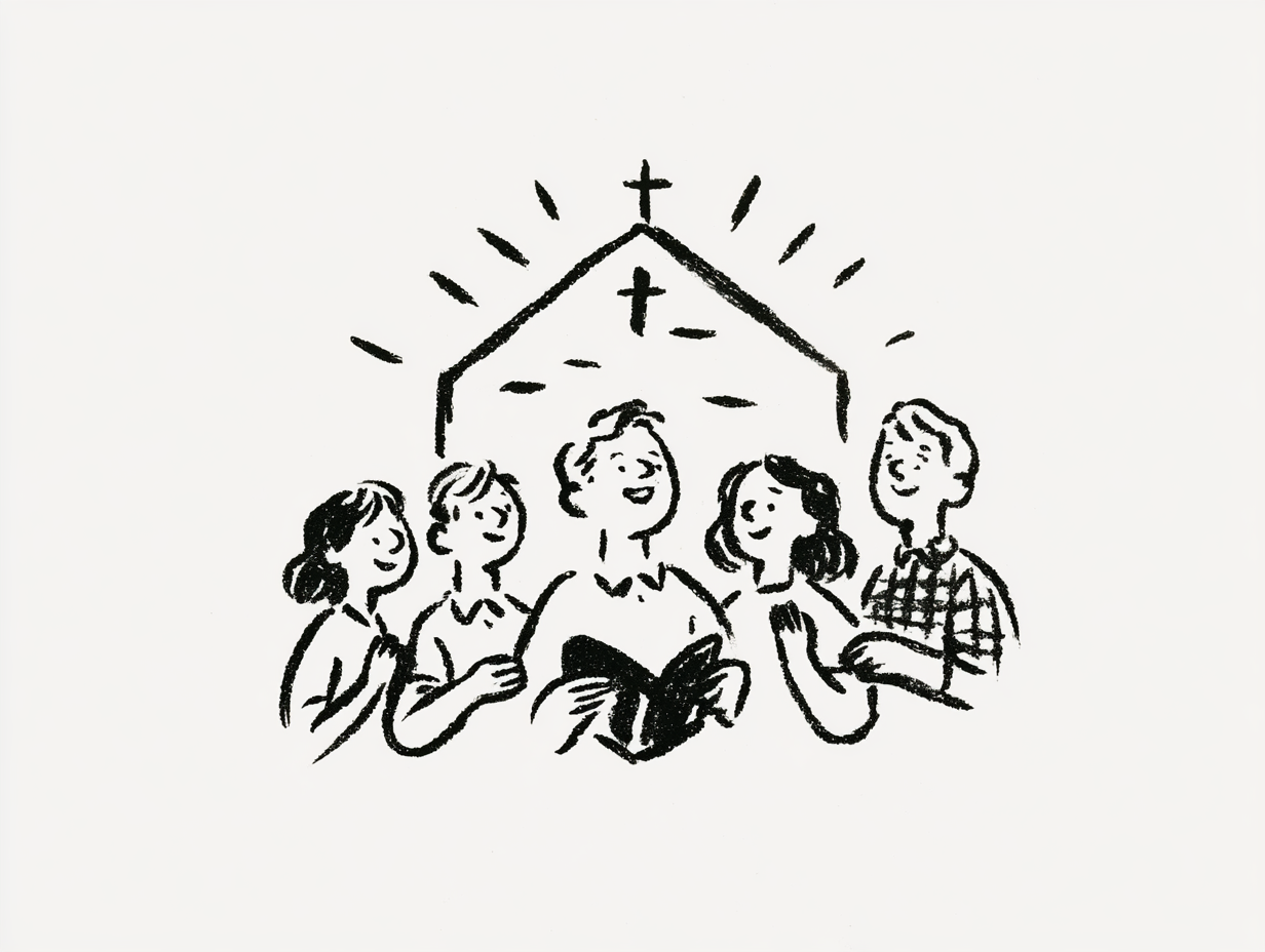 Hand drawn illustration of Jesus teaching a group of disciples