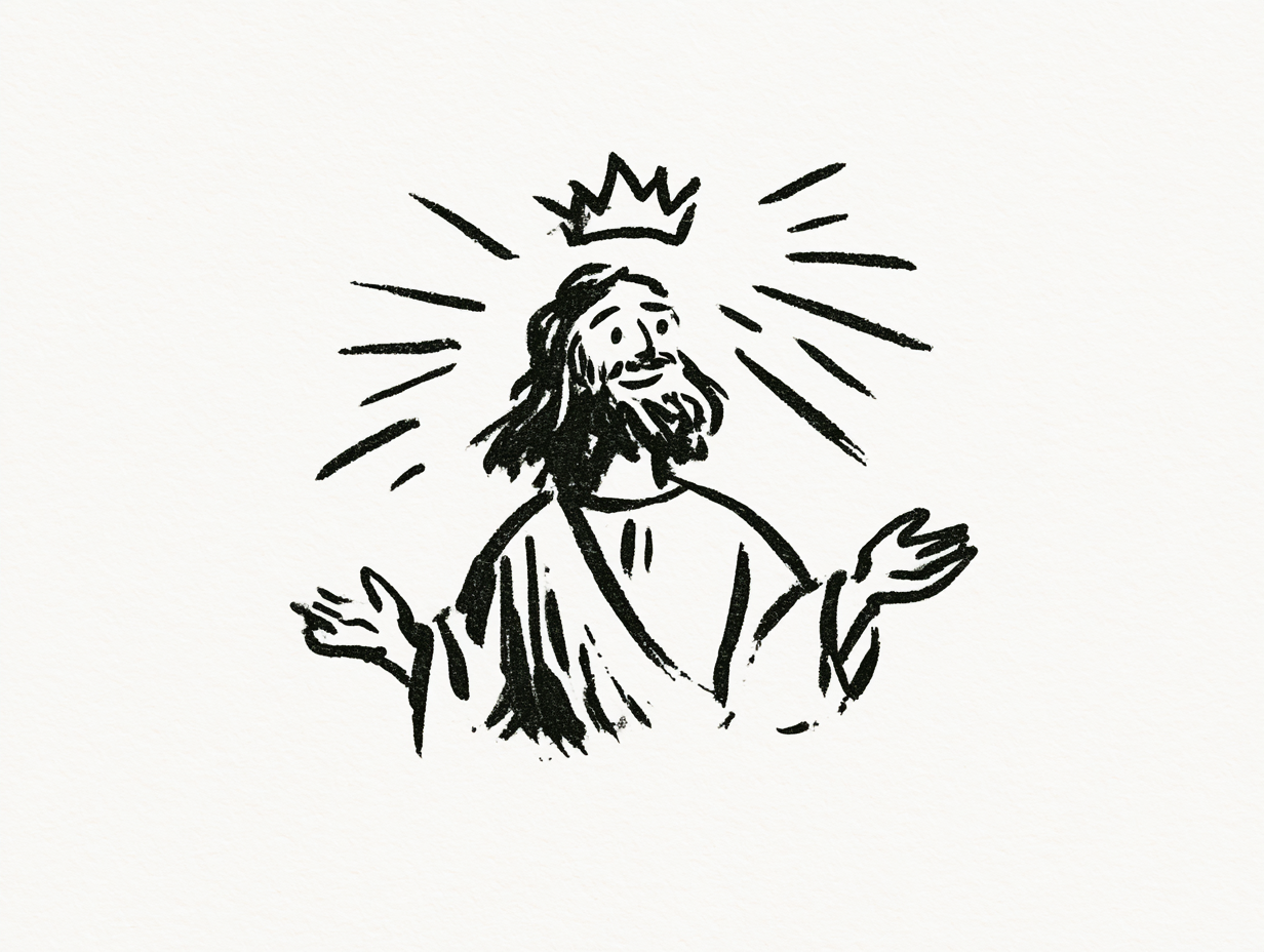 Hand drawn illustration of a crown beside a growing mustard plant and a narrow road over a hill