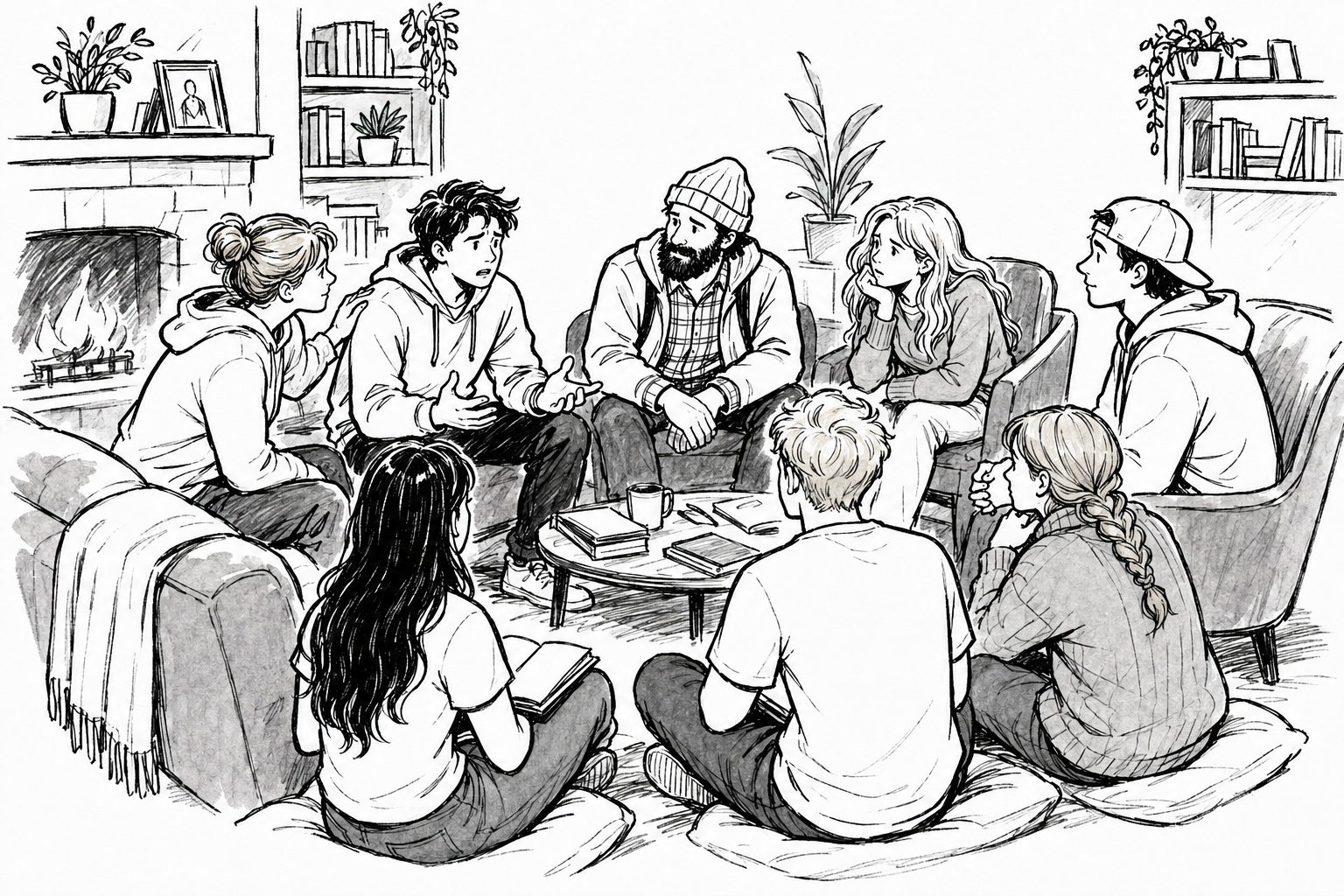 Hand drawn illustration of young adults in a circle of chairs asking questions