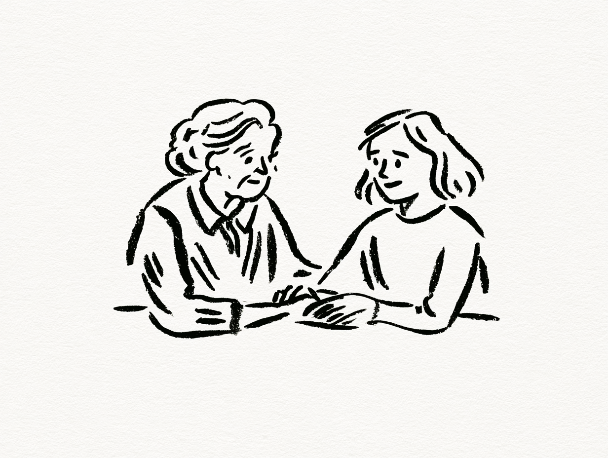 Hand drawn illustration of a mentor and students in a circle
