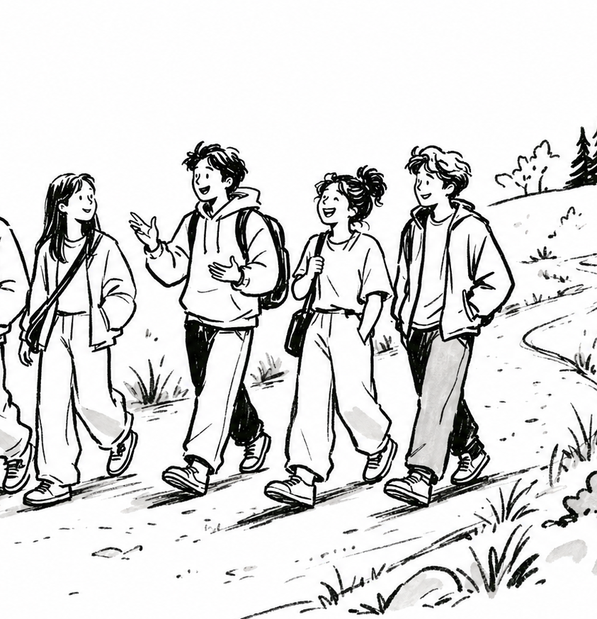 Hand drawn illustration of two young adults walking together