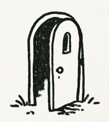 Hand-drawn ink illustration of a narrow stone gate
