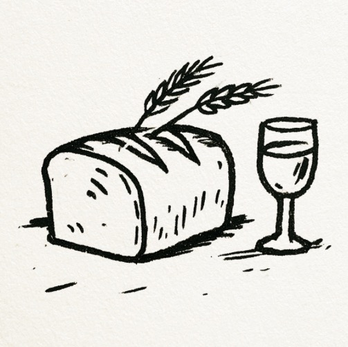 Hand-drawn ink illustration of a lily and a loaf of bread