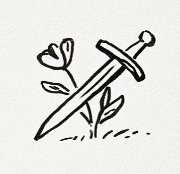 Hand-drawn ink illustration of a sword becoming a flowering branch