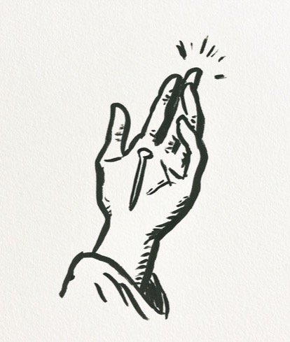 Hand-drawn ink illustration of an open hand holding a seed