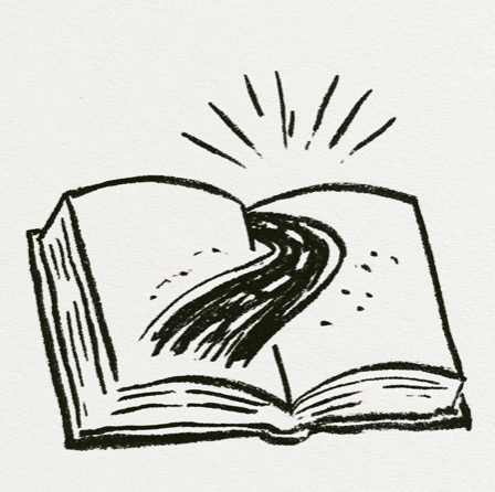 Hand-drawn ink illustration of an open book with a winding path
