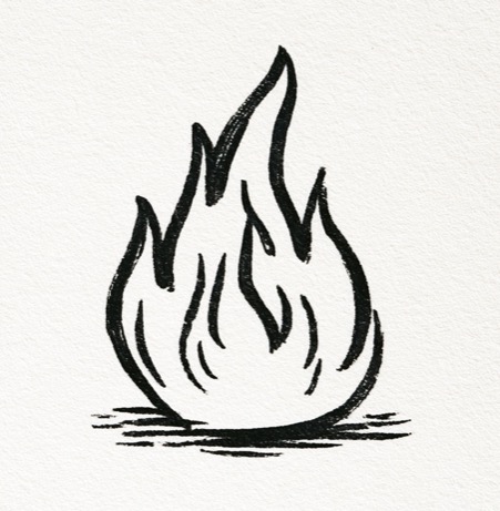 Hand-drawn ink illustration of a flame