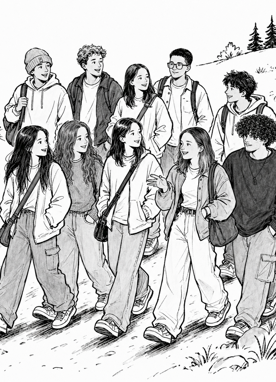 Hand-drawn illustration of the Cohort 01 students walking together