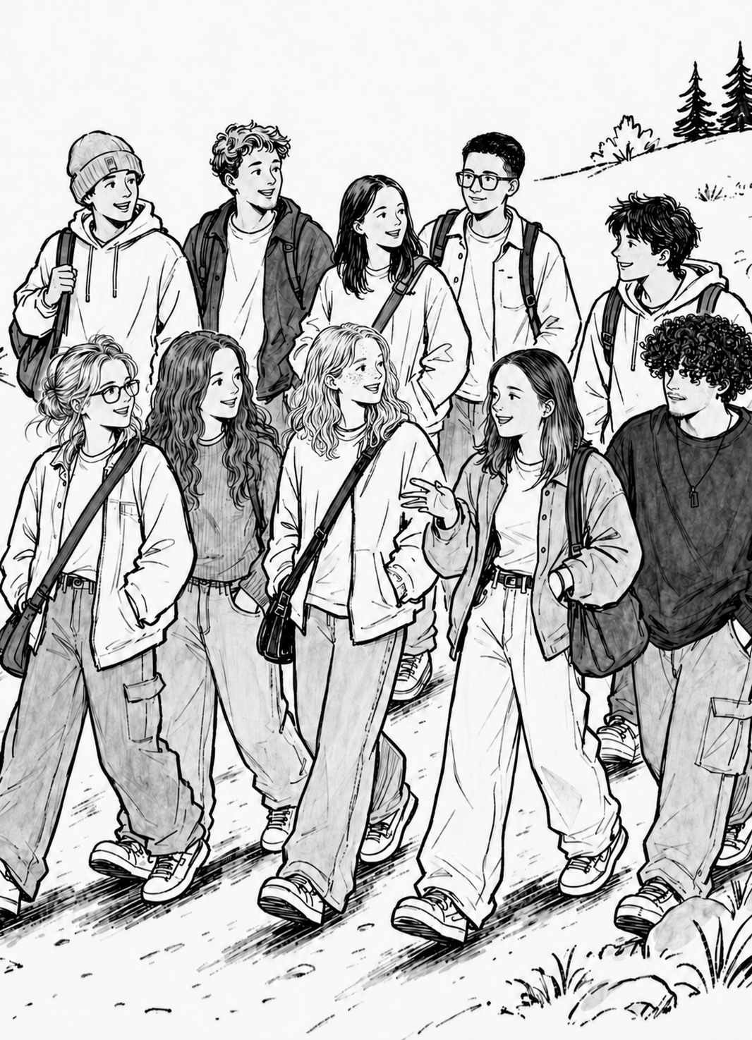 Hand-drawn illustration of the Cohort 01 students walking together